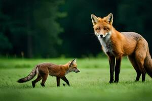 een moeder vos en haar welp in een veld. ai-gegenereerd foto