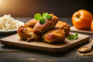 kip Vleugels met saus en kaas Aan een houten snijdend bord. ai-gegenereerd foto