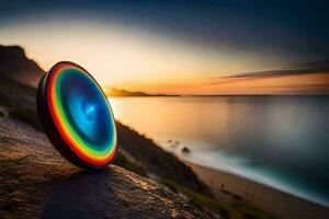 een regenboog gekleurde frisbee zit Aan een rots in de buurt de oceaan. ai-gegenereerd foto