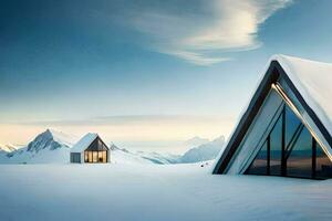 twee klein hutten zittend Aan top van een besneeuwd berg. ai-gegenereerd foto