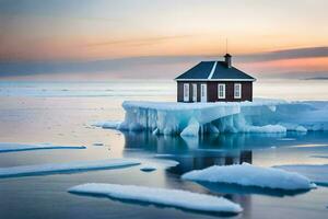 een klein huis zit Aan een ijsberg in de midden- van de oceaan. ai-gegenereerd foto