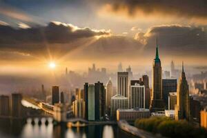 de zon stijgt over- de stad horizon. ai-gegenereerd foto