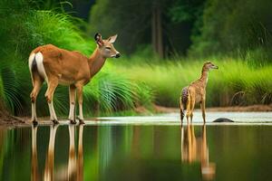 een hert en baby hert zijn staand in de water. ai-gegenereerd foto