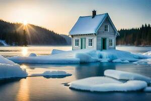 een klein huis zit Aan top van een ijs ijsschots. ai-gegenereerd foto