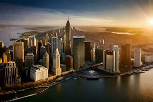 de zon stijgt over- nieuw york stad horizon. ai-gegenereerd foto