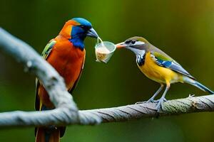 twee kleurrijk vogelstand zijn zittend Aan een Afdeling. ai-gegenereerd foto