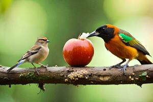 twee vogelstand aan het eten een appel Aan een Afdeling. ai-gegenereerd foto