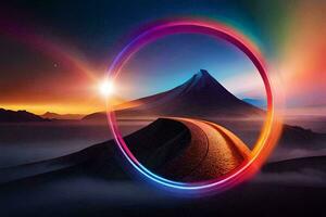 een kleurrijk cirkel met een berg in de achtergrond. ai-gegenereerd foto