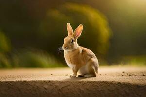 een konijn zittend Aan de grond in voorkant van een wazig achtergrond. ai-gegenereerd foto