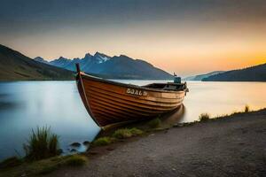 een boot zit Aan de kust van een meer Bij zonsondergang. ai-gegenereerd foto