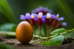 een ei is omringd door Purper bloemen en bladeren. ai-gegenereerd foto