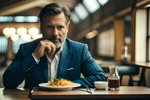 een Mens in een pak zit Bij een tafel met een bord van spaghetti. ai-gegenereerd foto