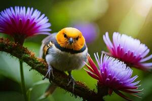 een vogel met een geel hoofd en zwart bek zittend Aan een Afdeling met Purper bloemen. ai-gegenereerd foto