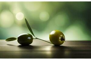 twee groen olijven Aan een houten tafel. ai-gegenereerd foto