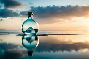 een fles met een huis in het zit Aan de strand. ai-gegenereerd foto