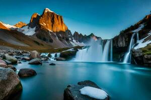 een waterval in de bergen met rotsen en water. ai-gegenereerd foto