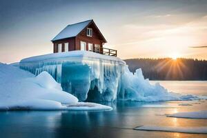 een huis zit Aan top van een ijsberg in de midden- van de water. ai-gegenereerd foto