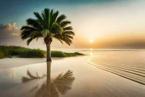 de palm boom Aan de strand Bij zonsondergang. ai-gegenereerd foto