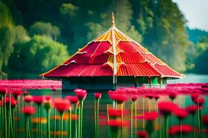 een rood en geel huis zit Aan de water met roze bloemen. ai-gegenereerd foto