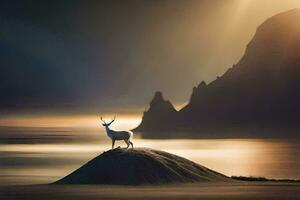 een hert staat Aan top van een heuvel in voorkant van een berg. ai-gegenereerd foto