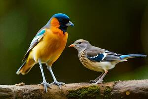 twee vogelstand zijn staand Aan een Afdeling. ai-gegenereerd foto