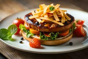 een Hamburger met kaas en tomaten Aan een wit bord. ai-gegenereerd foto