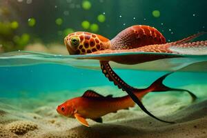 een Octopus en een vis zwemmen in de water. ai-gegenereerd foto