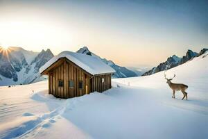 een hert staat in voorkant van een cabine in de sneeuw. ai-gegenereerd foto