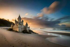 een kasteel Aan de strand Bij zonsondergang. ai-gegenereerd foto