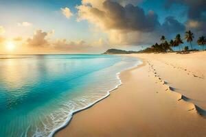 de strand, de zonsondergang, de oceaan, de zand, de strand, de zand, de. ai-gegenereerd foto