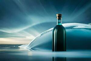 een fles van wijn zittend Aan top van een ijsberg. ai-gegenereerd foto