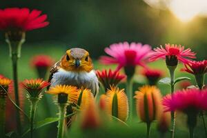 een vogel is zittend in een veld- van bloemen. ai-gegenereerd foto