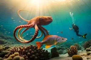 een Octopus en een vis in de oceaan. ai-gegenereerd foto