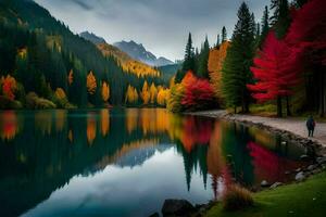 herfst kleuren Aan de meer. ai-gegenereerd foto