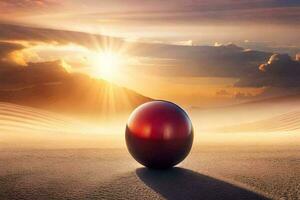 een rood bal in de woestijn met de zon schijnt. ai-gegenereerd foto