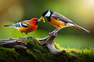 twee vogelstand zijn staand Aan een Afdeling met mos. ai-gegenereerd foto