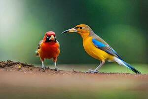 twee kleurrijk vogelstand staand Aan een aarde lapje. ai-gegenereerd foto