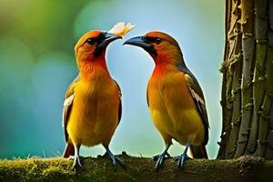 twee vogelstand zijn staand Aan een Afdeling met een bloem in hun snavels. ai-gegenereerd foto