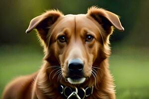 een bruin hond met een halsband zittend in de gras. ai-gegenereerd foto