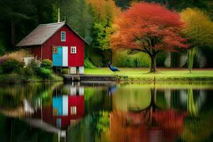 een rood huis zit Aan de rand van een meer. ai-gegenereerd foto