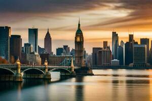 nieuw york stad horizon Bij zonsondergang - stadsgezicht voorraad afbeeldingen en royalty-vrij foto's. ai-gegenereerd foto