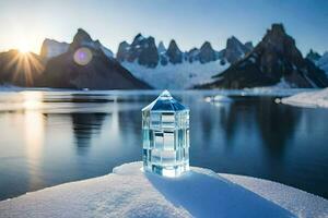 een kristal Aan top van een berg met water en bergen in de achtergrond. ai-gegenereerd foto