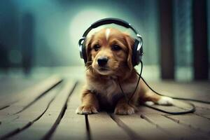 een puppy vervelend hoofdtelefoons zit Aan een houten vloer. ai-gegenereerd foto