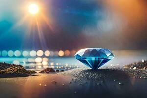 een diamant zittend Aan de strand met een helder licht achter het. ai-gegenereerd foto