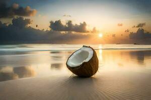kokosnoot Aan de strand Bij zonsondergang. ai-gegenereerd foto