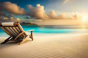 de strand stoel Aan de strand. ai-gegenereerd foto