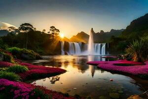 de waterval is omringd door roze bloemen en de zon is schijnt. ai-gegenereerd foto