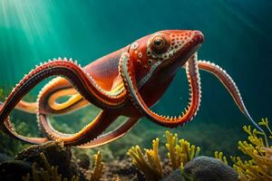 een Octopus zwemmen in de oceaan met koraal. ai-gegenereerd foto