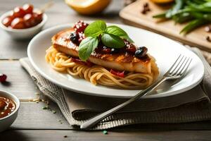 een bord van voedsel met pasta, tomaten en andere ingrediënten. ai-gegenereerd foto