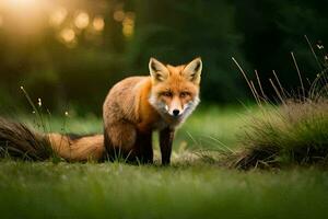 een vos is staand in de gras Bij zonsondergang. ai-gegenereerd foto